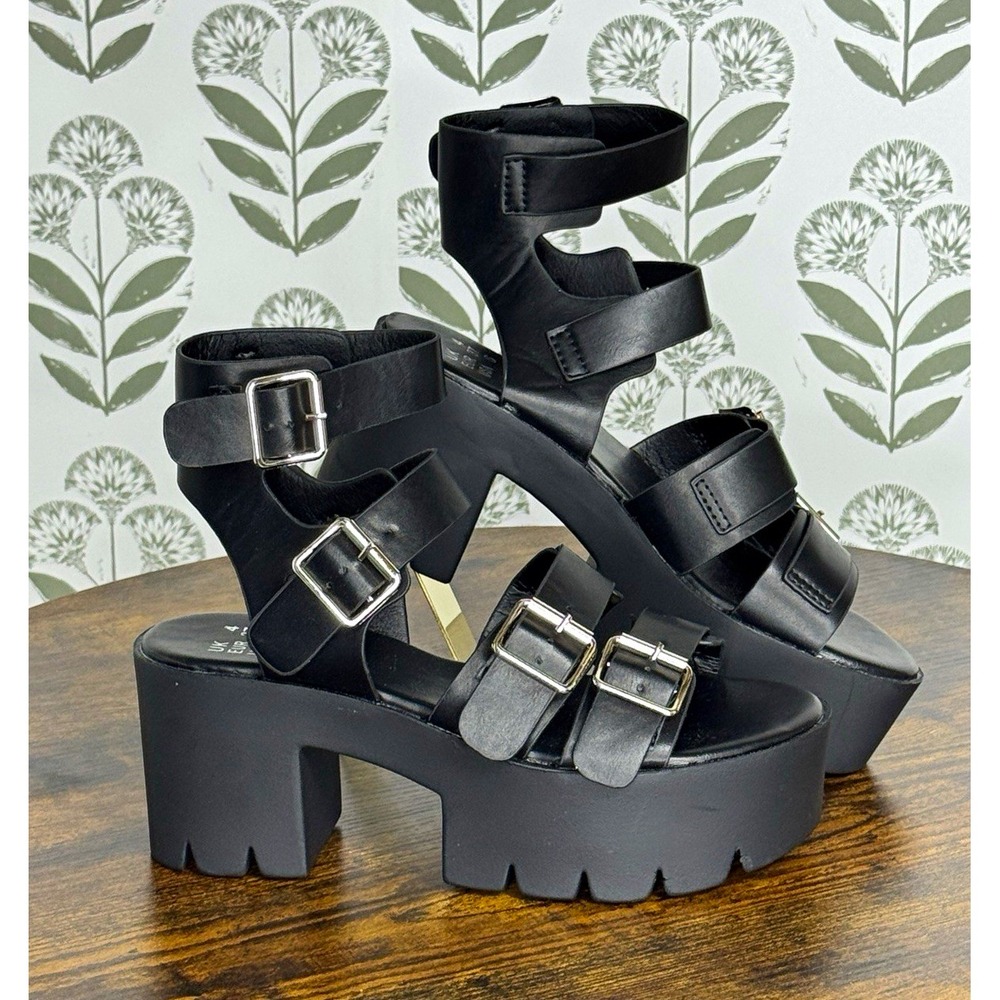 Black Strappy Platform Block Heel Sandals Ankle Strap Buckle US 6 EU 37 UK 4